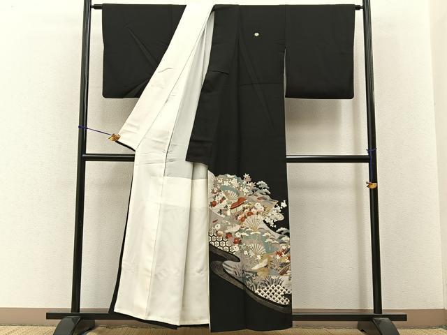 平和屋着物■豪華黒留袖　飛鶴扇面風景文　金彩　正絹　逸品　BAAY3502hj