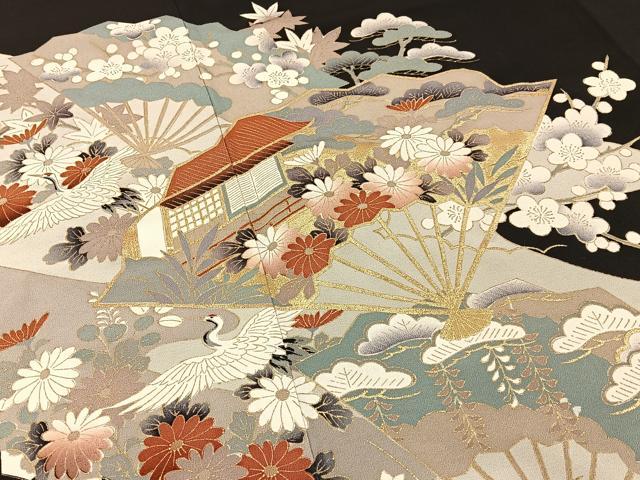 平和屋着物■豪華黒留袖　飛鶴扇面風景文　金彩　正絹　逸品　BAAY3502hj