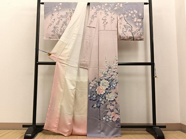 平和屋着物■訪問着　草花文　暈し染め　銀彩　正絹　逸品　BAAY3508hj