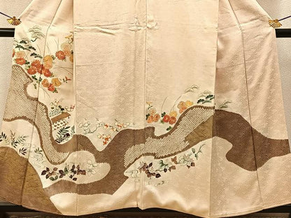 平和屋着物■豪華色留袖　駒刺繍　絞り　浜松花文　金彩　正絹　逸品　BAAY3512hj