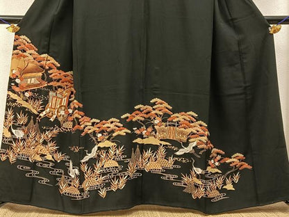 平和屋着物■豪華黒留袖　駒刺繍　飛鶴御所車文　金彩　正絹　逸品　BAAY3522hj