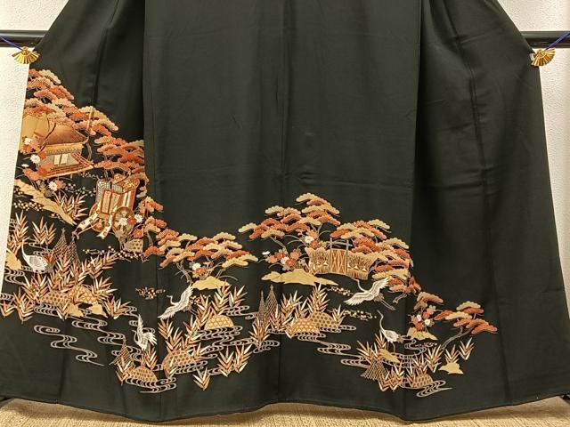 平和屋着物■豪華黒留袖　駒刺繍　飛鶴御所車文　金彩　正絹　逸品　BAAY3522hj