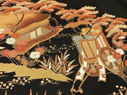 平和屋着物■豪華黒留袖　駒刺繍　飛鶴御所車文　金彩　正絹　逸品　BAAY3522hj