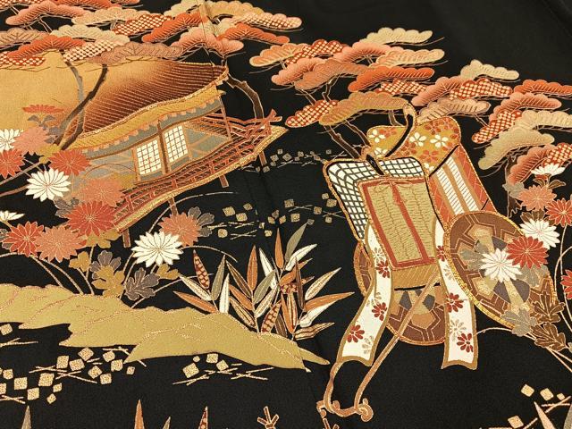 平和屋着物■豪華黒留袖　駒刺繍　飛鶴御所車文　金彩　正絹　逸品　BAAY3522hj