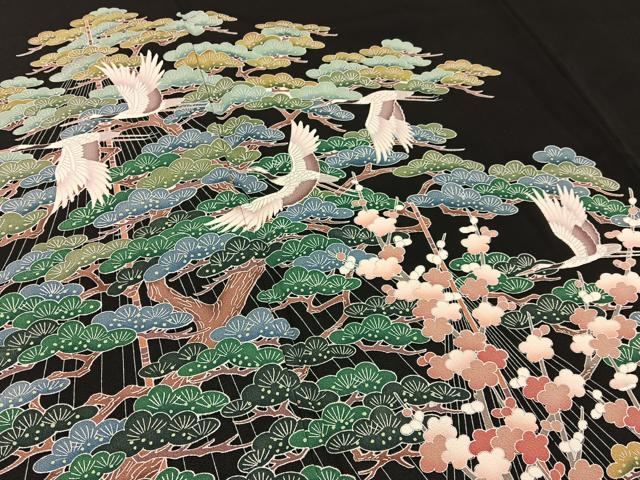 平和屋着物■豪華黒留袖　友禅　松竹梅飛鶴文　正絹　逸品　BAAY3533hj