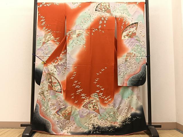 平和屋着物■豪華振袖　飛鶴扇面花文　暈し染め　金銀彩　正絹　逸品　BAAY3534hj
