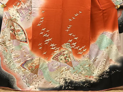平和屋着物■豪華振袖　飛鶴扇面花文　暈し染め　金銀彩　正絹　逸品　BAAY3534hj