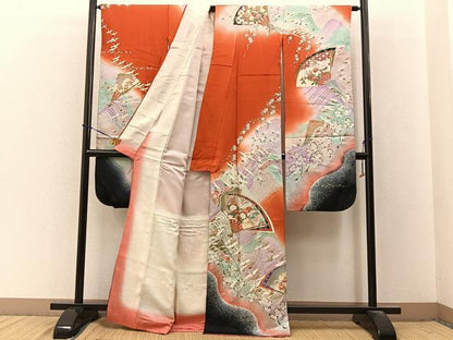 平和屋着物■豪華振袖　飛鶴扇面花文　暈し染め　金銀彩　正絹　逸品　BAAY3534hj