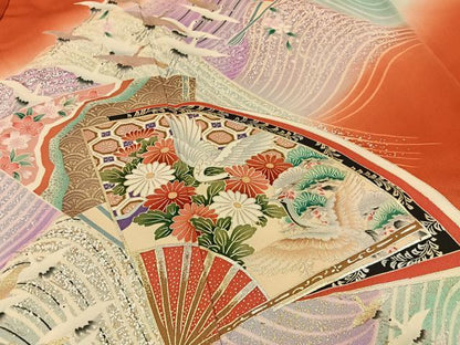 平和屋着物■豪華振袖　飛鶴扇面花文　暈し染め　金銀彩　正絹　逸品　BAAY3534hj