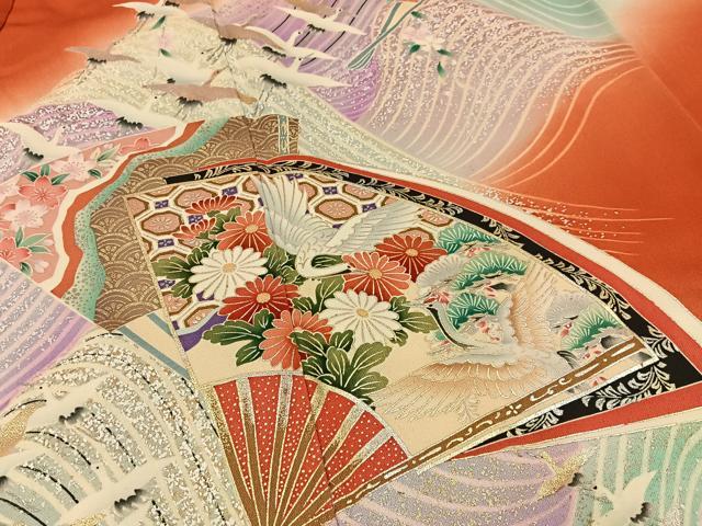 平和屋着物■豪華振袖　飛鶴扇面花文　暈し染め　金銀彩　正絹　逸品　BAAY3534hj