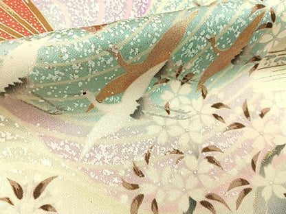 平和屋着物■豪華振袖　飛鶴扇面花文　暈し染め　金銀彩　正絹　逸品　BAAY3534hj