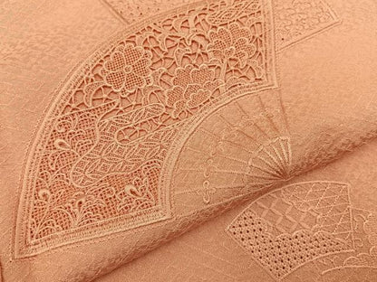 平和屋着物■中国三大刺繍　スワトウ刺繍　無地絵羽訪問着　総刺繍　扇面花文　珊瑚色　正絹　逸品　BAAY3535hj
