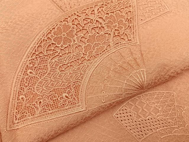 平和屋着物■中国三大刺繍　スワトウ刺繍　無地絵羽訪問着　総刺繍　扇面花文　珊瑚色　正絹　逸品　BAAY3535hj