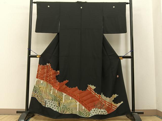 平和屋着物■豪華黒留袖　作家物　駒刺繍　渡橋草葉文　金彩　正絹　逸品　BAAY3536hj