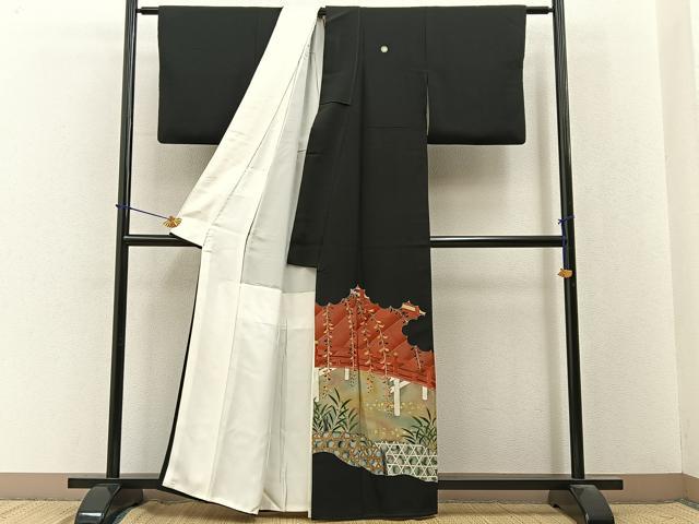平和屋着物■豪華黒留袖　作家物　駒刺繍　渡橋草葉文　金彩　正絹　逸品　BAAY3536hj