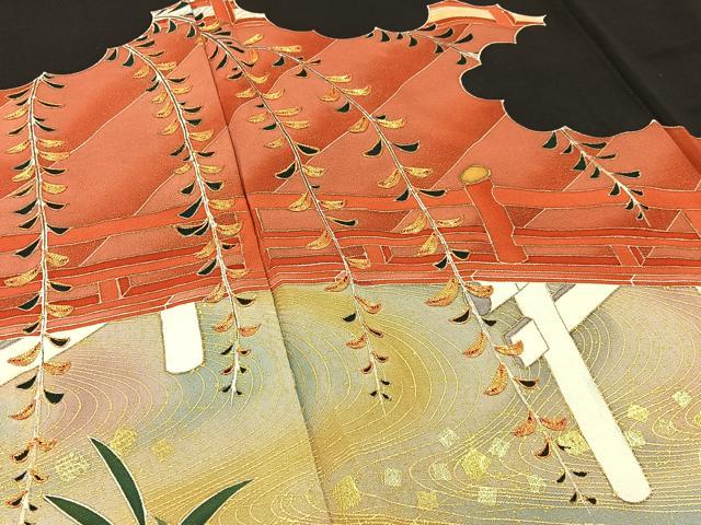 平和屋着物■豪華黒留袖　作家物　駒刺繍　渡橋草葉文　金彩　正絹　逸品　BAAY3536hj