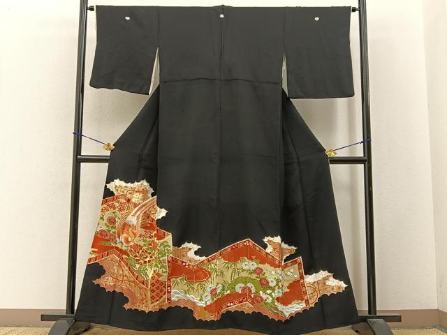 平和屋着物■豪華黒留袖　駒刺繍　尾長鶏屏風花文　金彩　正絹　逸品　BAAY3537hj