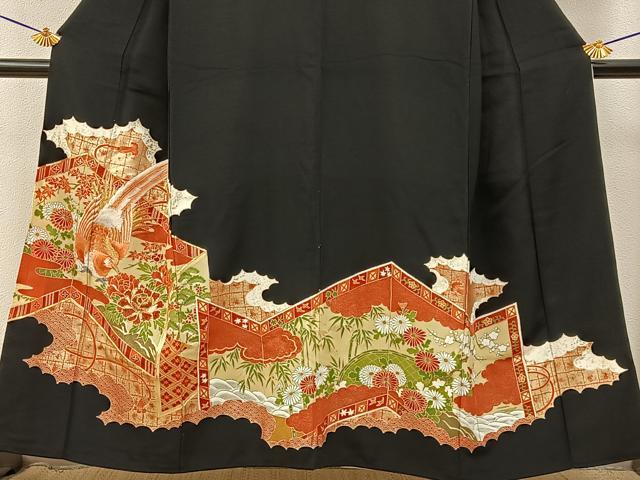 平和屋着物■豪華黒留袖　駒刺繍　尾長鶏屏風花文　金彩　正絹　逸品　BAAY3537hj