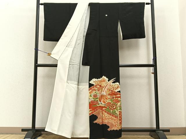平和屋着物■豪華黒留袖　駒刺繍　尾長鶏屏風花文　金彩　正絹　逸品　BAAY3537hj