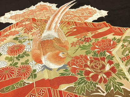 平和屋着物■豪華黒留袖　駒刺繍　尾長鶏屏風花文　金彩　正絹　逸品　BAAY3537hj