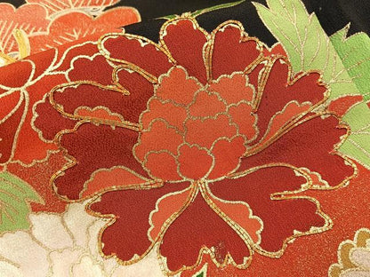 平和屋着物■豪華黒留袖　駒刺繍　御所車花文　金彩　仮絵羽　正絹　逸品　未使用　BAAY3538hj