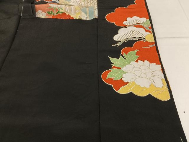 平和屋着物■豪華黒留袖　駒刺繍　御所車花文　金彩　仮絵羽　正絹　逸品　未使用　BAAY3538hj