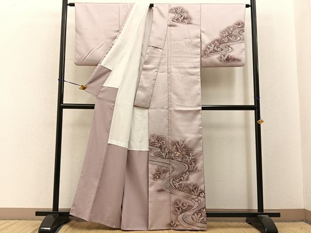 平和屋着物■訪問着　刺繍　流水秋草文　暈し染め　金彩　洗える着物　BAAY3586hj