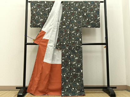平和屋着物■小紋　鹿の子菊文　黒地　洗える着物　未使用　BAAY3591hj
