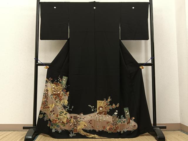 平和屋着物■黒留袖　文箱楽器花文　暈し染め　金彩　洗える着物　BAAY3594hj