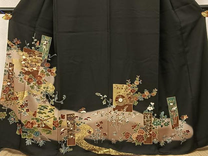 平和屋着物■黒留袖　文箱楽器花文　暈し染め　金彩　洗える着物　BAAY3594hj