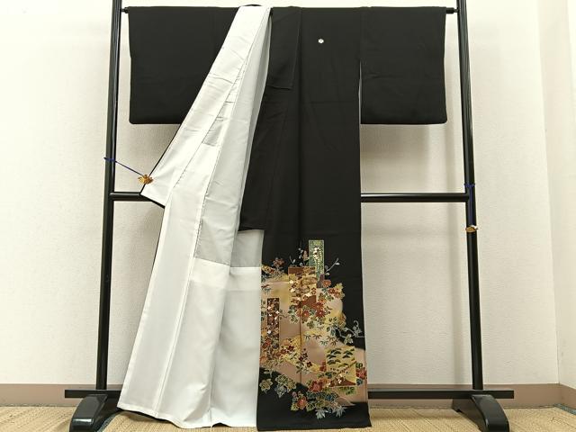 平和屋着物■黒留袖　文箱楽器花文　暈し染め　金彩　洗える着物　BAAY3594hj
