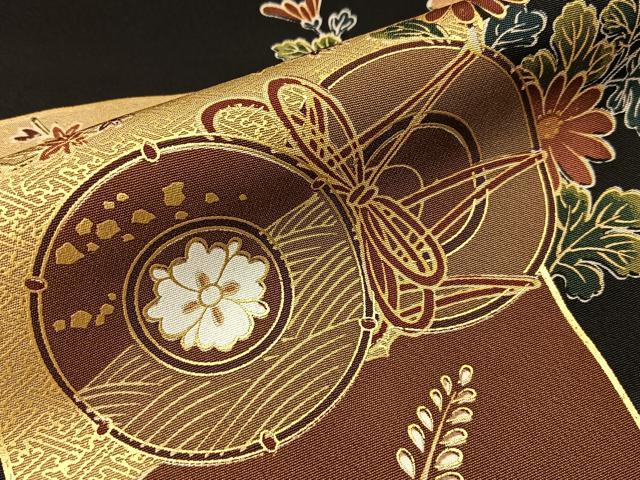 平和屋着物■黒留袖　文箱楽器花文　暈し染め　金彩　洗える着物　BAAY3594hj