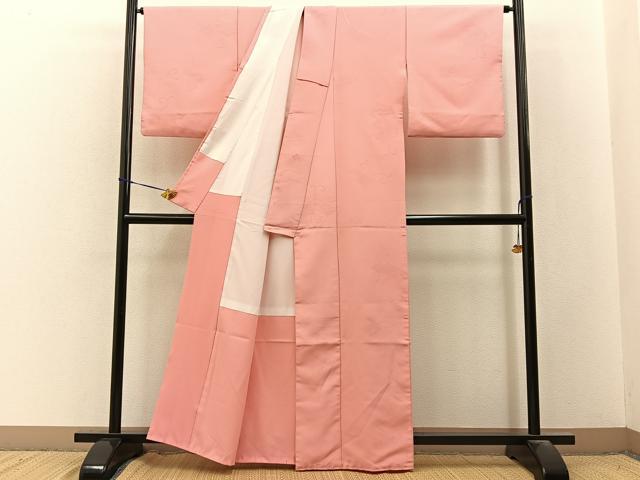 平和屋着物■色無地　吉祥唐草地紋　薄紅色　洗える着物　BAAY3597hj