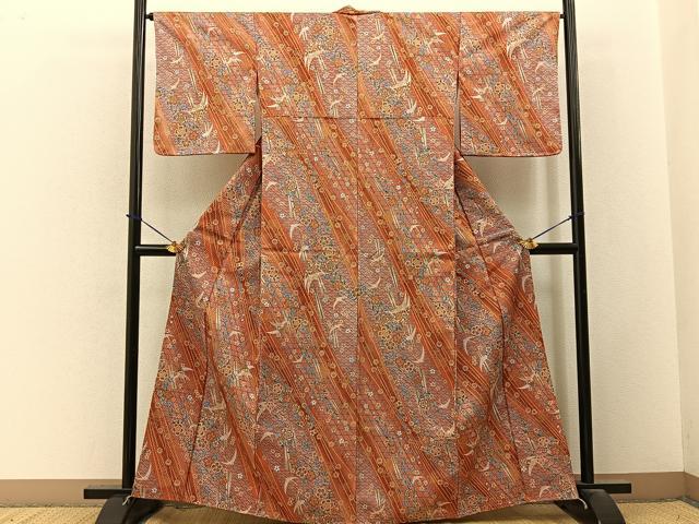 平和屋着物■小紋　飛鶴扇花文　洗える着物　未使用　BAAY3605hj