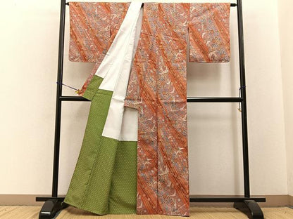 平和屋着物■小紋　飛鶴扇花文　洗える着物　未使用　BAAY3605hj