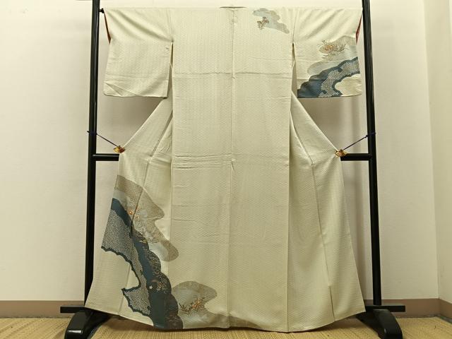 平和屋着物●訪問着　駒刺繍　絞り　秋草文　金彩　正絹　逸品　BAAY3623hj