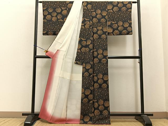 平和屋着物●上質な小紋　雪輪草花文　黒地　正絹　逸品　BAAY3631hj