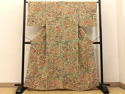 平和屋着物■上質な小紋　型染め　花蝶文　鬼しぼ縮緬　正絹　逸品　BAAY3640hj