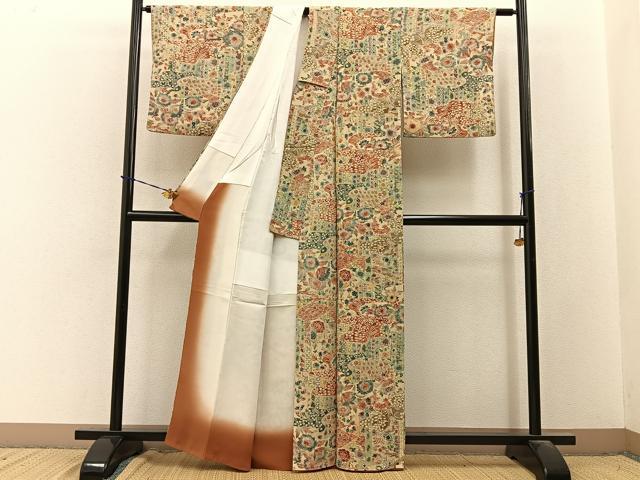 平和屋着物■上質な小紋　型染め　花蝶文　鬼しぼ縮緬　正絹　逸品　BAAY3640hj