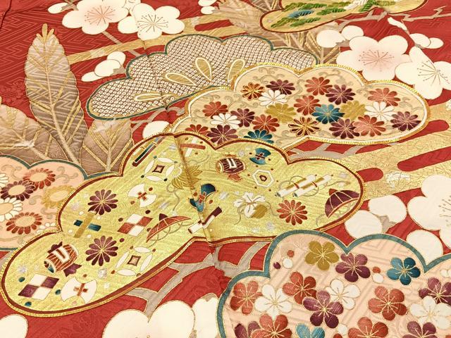 平和屋着物●豪華振袖　駒刺繍　松竹梅　宝尽くし　金彩　三越扱い　正絹　逸品　BAAY3641hj