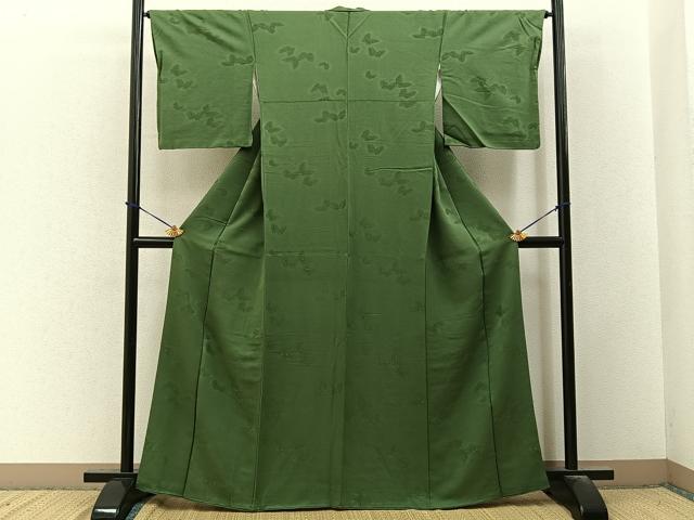 平和屋着物■上質な色無地　舞蝶地紋　麹塵色　正絹　逸品　BAAY3648hj