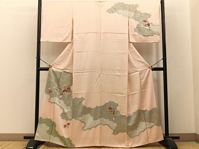 平和屋着物■訪問着　絞り　刺繍　紅白椿　金彩　正絹　逸品　BAAY3656hj