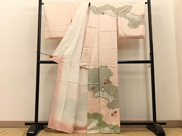 平和屋着物■訪問着　絞り　刺繍　紅白椿　金彩　正絹　逸品　BAAY3656hj