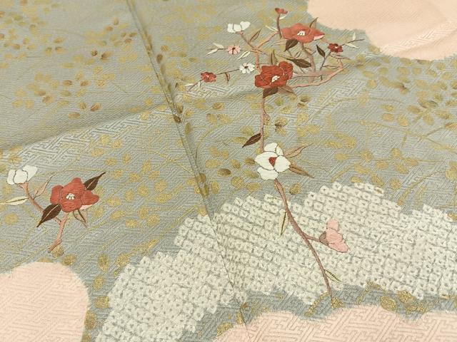 平和屋着物■訪問着　絞り　刺繍　紅白椿　金彩　正絹　逸品　BAAY3656hj