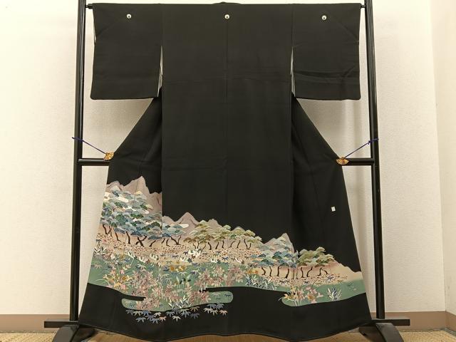 平和屋着物■豪華黒留袖　友禅　群鶴風景文　正絹　逸品　BAAY3660hj