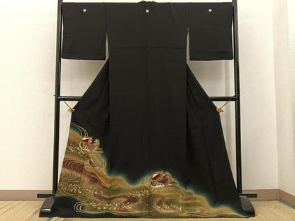 平和屋着物■豪華黒留袖　駒刺繍　鴛鴦　暈し染め　金彩　ロング丈　正絹　逸品　BAAY3661hj