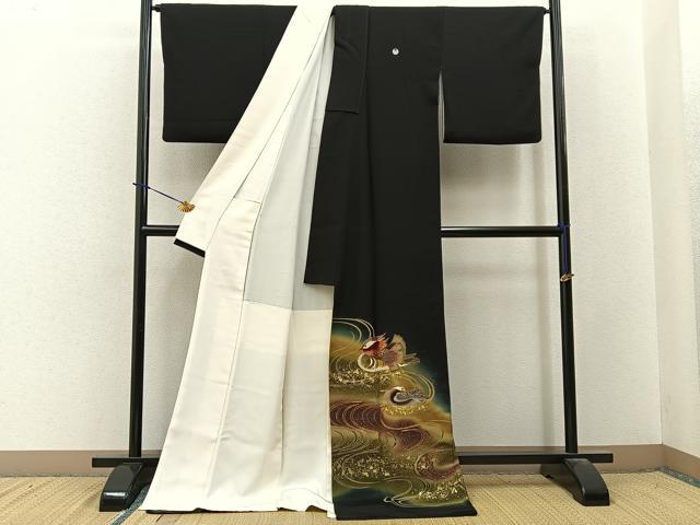 平和屋着物■豪華黒留袖　駒刺繍　鴛鴦　暈し染め　金彩　ロング丈　正絹　逸品　BAAY3661hj
