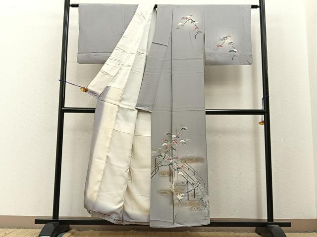 平和屋着物■訪問着　群鶴渡橋松文　暈し染め　金彩　正絹　逸品　BAAY3670hj