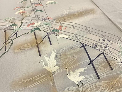 平和屋着物■訪問着　群鶴渡橋松文　暈し染め　金彩　正絹　逸品　BAAY3670hj