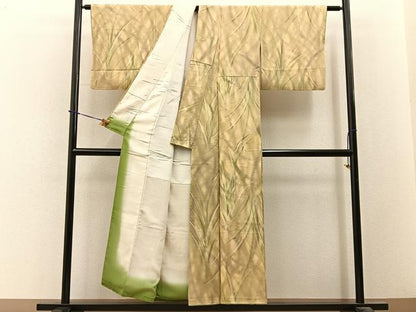 平和屋着物●上質な小紋　地紋起こし　草葉文　暈し染め　正絹　逸品　BAAY3671hj